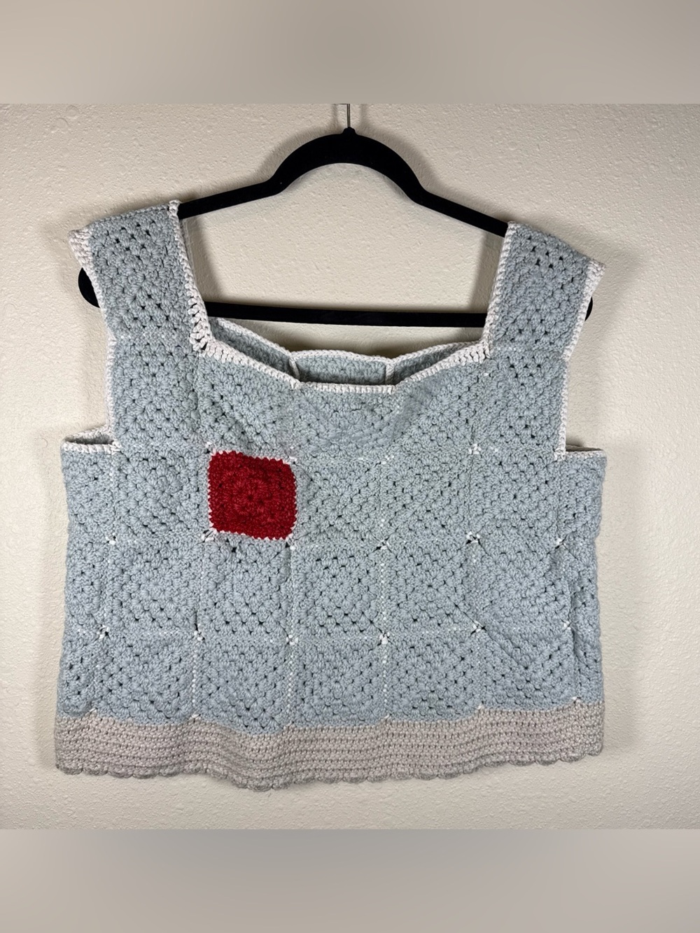 Handmade Granny Square Crochet Tank Vest Boho XL Cropped Blue Red Knit